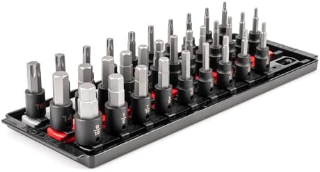 TEKTON 3/8 Inch Drive Impact Bit Socket Set, 32-Piece | SIB91202 | (5/32 - 9/16 in., 4 - 14 mm, T20 - T60), Socket Rail