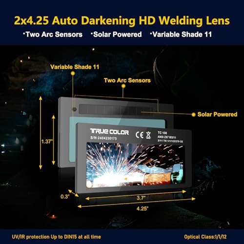 HD Shade 11 2x4 1/4 Auto Darkening Welding Lens,True Color Blue Welding Lens,HD and True Color Technology,Solar Charging,Fit Most Pancake and Pipeliner Welding Hoods,Auto Darkening Welding Lens 2x4.25