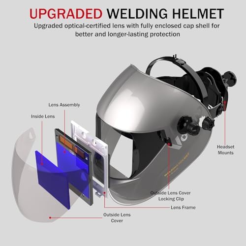 Large View True Color Auto Darkening Welding Helmet with LED Light - Solar Powered, 4 Arc Sensors, 1/1/1/1 Optical Clarity, Wide Shade 4/5-13 for TIG MIG ARC Grind