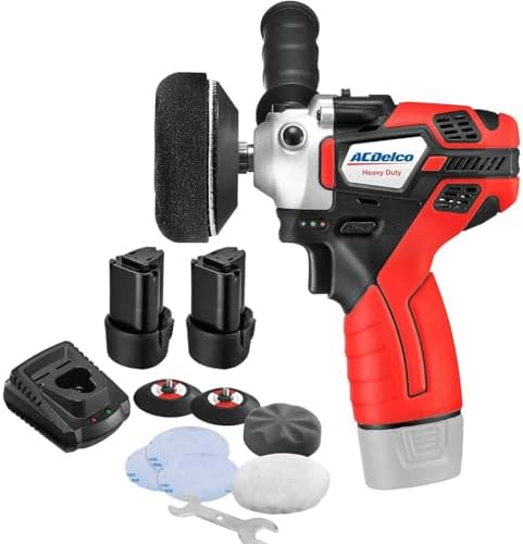 ACDelco Mini Cordless Polisher Tool Set 2 Speed 12V 3” Pad, Set with 2 Li-ion Batteries, Charger, and Accessory Kit, G12 Series ARS1214,Red