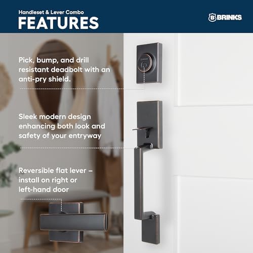 BRINKS Contemporary Keyed Entry Door Handleset with Lever and Deadbolt, Modern Front Door Lock Set, Easy Install, Pick-Resistant (Flat Lever, Tuscan Bronze)