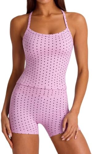 SUUKSESS Women 2 Piece Workout Sets High Waisted Biker Shorts with Pockets Built in bra Racerback Tank Tops
