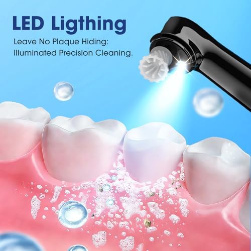 Tooth Polisher Plaque Remover for Teeth, Whitening Kit with 10 Brush Heads & 6 Polishing Pastes, 5 Smart Modes to Effectively Remove Stains, Yellowing and Plaque, Rechargeable, Black