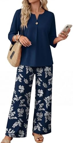 WIHOLL Two Piece Sets for Women 3/4 Length Sleeve Lounge Sets Summer Spring Vacation Travel Outfits Fashion Clothing