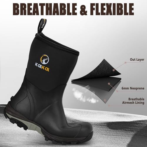 Kalkal Rubber Boots for Men, Waterproof Insulated Mid Calf Mens Rain Boots