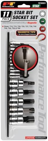 Performance Tool W38801 11-Piece Magnetic Star Bit Socket Set | Magnetic tips hold fasteners. S2 steel star bit set for automotive repairs. T10 to T60. Includes clip rail