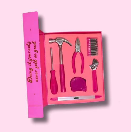 Mandy Hot Girls Love Tools Pink Toolkit Tool Set, 7-Piece DIY Home Repair Kit with Designer Storage Book Box, Hammer, Pliers, Wrench, Screwdriver