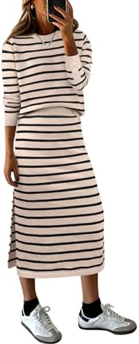 ANRABESS Women 2 Piece Striped Sweater Skirt Set