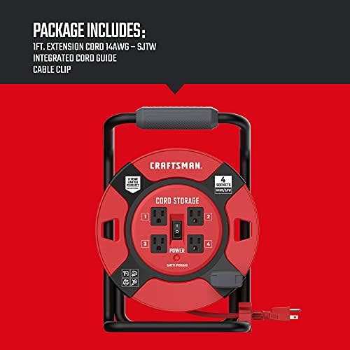 CRAFTSMAN Retractable Extension Cord Reel, 4 Outlets, Cable Management