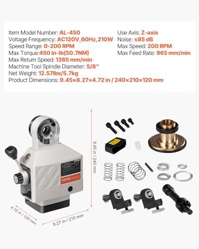 VEVOR Z-Axis Power Feed, Power Table Mill Feeder for Milling Machines, 0-200 RPM Adjustable Speed, 450 in-lb Torque, 120V Table Feed for Bridgeport and Knee-Type Mills with 5/8" End Shaft Diameter