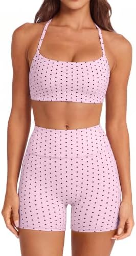 SUUKSESS Women 2 Piece Workout Sets Padded Halter Sports Bras High Waisted Biker Shorts with Pockets
