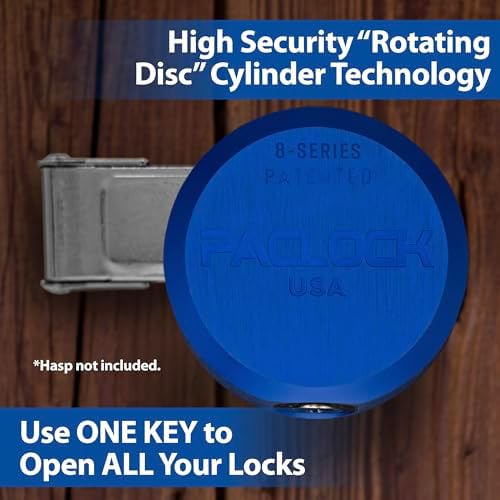 PACLOCK's 8-Series Stepped-Back Puck, High Security Rotating Disc, Manufacturer-Controlled Key Assigning, Exclusive Key Number, U-Pick! Keyed Alike w/ 1 Key, Blue