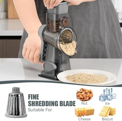 KEOUKE Rotary Cheese Grater Hand Crank Transparent - Shredder Slicer Grinder 3 Stainless Steel Blades, Stable Suction, Labor-Saving Handle, Safe Kitchen Tool for Cheese, Vegetable, Nuts, Chocolate
