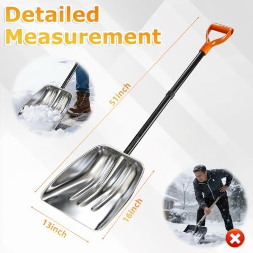 Metal Snow Shovel, Snow Shovel for Driveway, D-Handle, Wide & Durable
