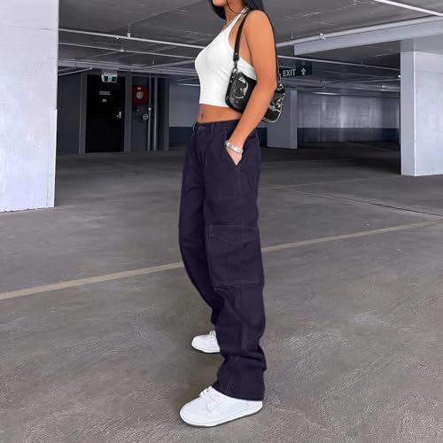 Lepunuo Cargo Pants for Women High Waisted Casual Pants Baggy Stretchy Wide Leg Y2K Streetwear with 6 Pockets