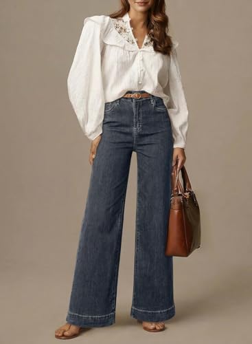 Dokotoo Women's Casual High Waisted Jeans Stretch Wide Leg Loose Denim Pant