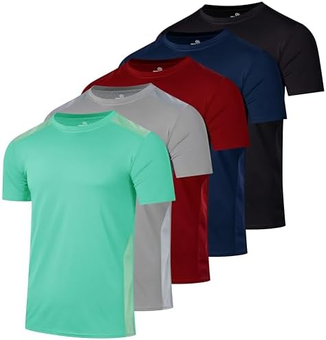5 Pack Men's Dry Fit Workout T Shirts Crew Neck Athletic Gym Running Tees