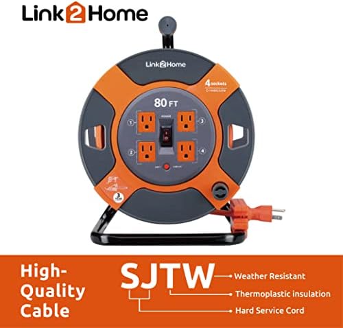 Link2Home 80 Ft. Extension Cord Reel, 4 Power Outlets, 14 AWG SJTW