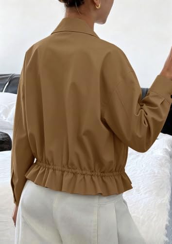 Womens Funnel Neck Jackets Fall Casual Ruffle Hem Cropped Coats