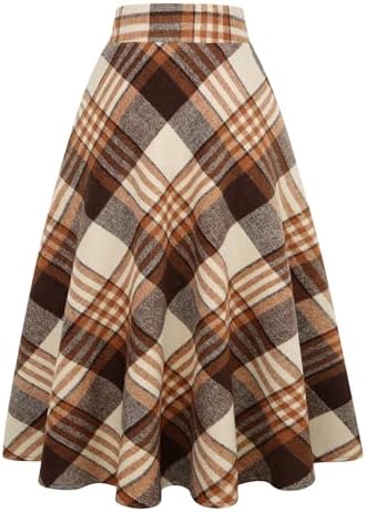 IDEALSANXUN Womens Plaid Wool Skirts Elastic Waist A-Line Pleated Tartan Long Skirts