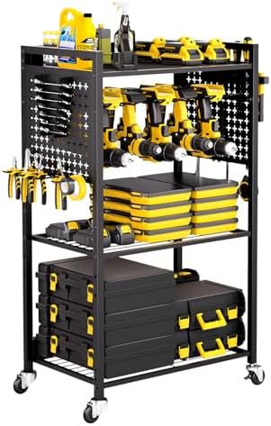 VEVOR 4-Tier Tool Organizer Cart, 150 lbs Load Capacity, Floor Stand Rolling Drill Holder and Stability Storage Rack, Heavy Duty Garage Floor Rolling Storage Cart for Workshop, Garage, Black