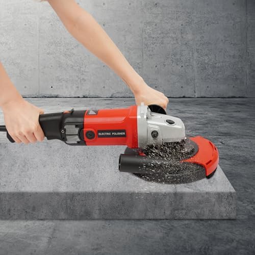 7 Inch Concrete Grinder Wet Polisher with 6 Variable Speeds, Concrete Surface Planer with Dust Extraction Angle Grinder Kit with Auxiliary Handles, Protective Guard, Diamond Grinding Wheel (Red)