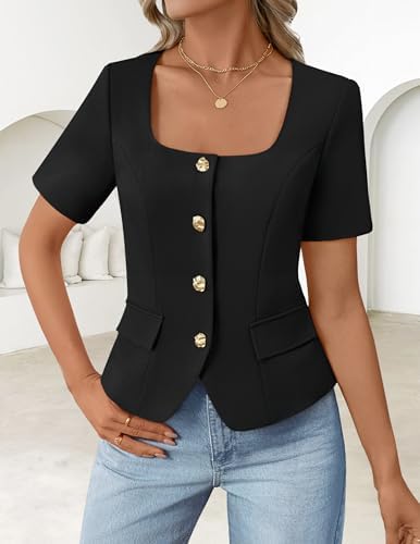 ZESICA Womens Summer Vest Top Short Sleeve Blouse Suit Blazer Work Outfits