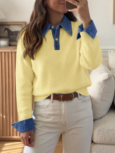 Saodimallsu Womens Denim Patchwork Sweaters V Neck Polo Pullover Tops
