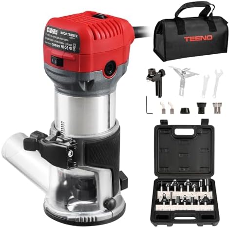TEENO Wood Router, 6.5 Amp 1.25 HP Compact Router Tools for Woodworking, 13000-33000 RPM Hand Trim Router with 15pcs 1/4" Bits Set, 6 Variable Speeds, Edge Guide, Roller Guide