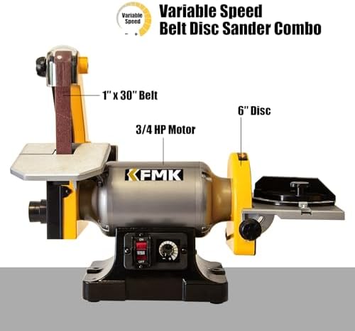 Variable Speed 1" x 30" Belt & 6" Disc Sander Combo, 3/4 HP Direct-Drive Motor, 2000–3400 RPM Disc / 1909–3248 SFPM Belt, Adjustable Work Tables & Miter Gauge, Benchtop Sander for Wood & Metal