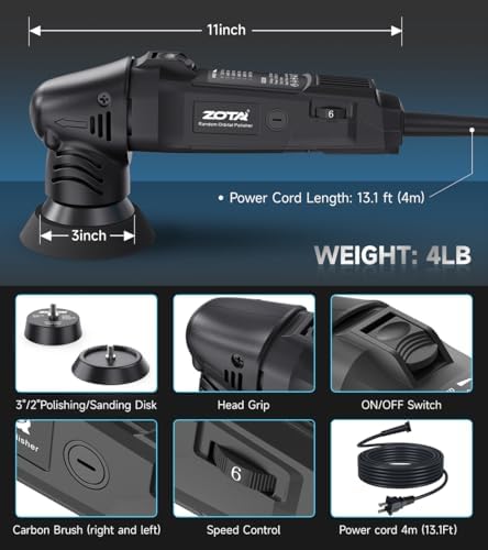 ZOTA Mini Buffer Polisher,2"/3"-8mm Random Orbital polisher,Lightweight Professional Small Polisher for Car Detailing(Black)