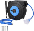 VEVOR 30FT Retractable Extension Cord Reel, 16AWG/3C SJTOW Heavy Duty Power Cord w/Lighted Electrical Triple Tap Outlets, 10A Circuit Breaker, 180° Swivel Bracket for Workshop or Garage, Blue
