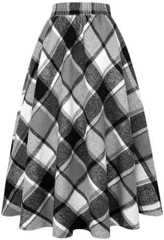 IDEALSANXUN Womens Plaid Wool Skirts Elastic Waist A-Line Pleated Tartan Long Skirts