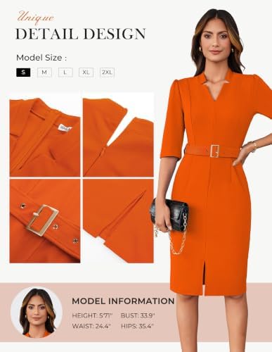 GRACE KARIN Women's Work Dress 3/4 Sleeve V Neck Bodycon Dress with Belt