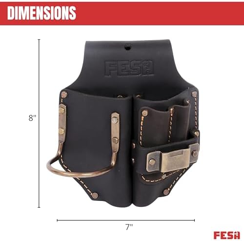 FESA Durable Leather Pliers Holster - Leather Double Plier Holder for Belt with Steel Hammer Holder, Tape Clip & 2 Carpenter's Pencil Pockets - Clip On Any Belt - Handcrafted