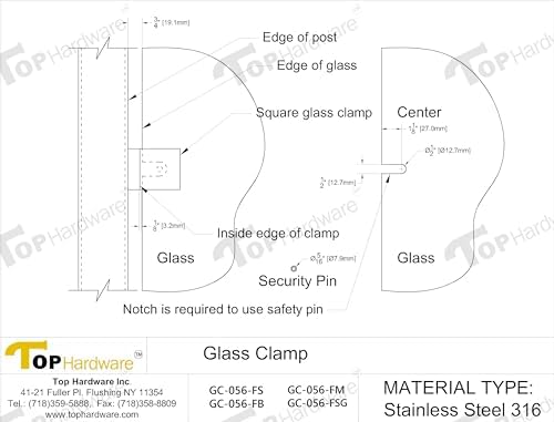 Stainless Steel 316 Square Flat Back Glass Clamp 55 x 55 mm for 3/8" - 1/2" Tempered Glass or Laminated Glass, Mirror Chrome Finish, GC-056M, 4 Pieces