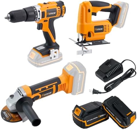 Hoteche 20V Cordless Power Tool Set - 3-in-1 Drill, Jig Saw, Angle Grinder with 2 Batteries (2.0Ah & 4.0Ah) & Fast Charger