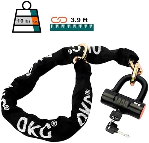 OKG Heavy Duty Chain Lock - 4 Keys, 11lbs, 4 ft x 1/2 in (12mm) Thick Cinch Security Chain Combo 11/16" (18mm) Small U Lock for Motorcycles, Mopeds, E-Bikes, Trailers, ATVs, etc.