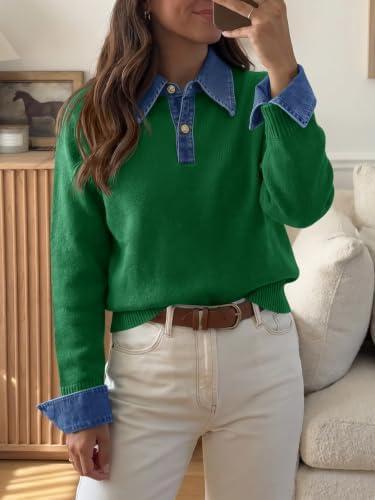 Saodimallsu Womens Denim Patchwork Sweaters V Neck Polo Pullover Tops