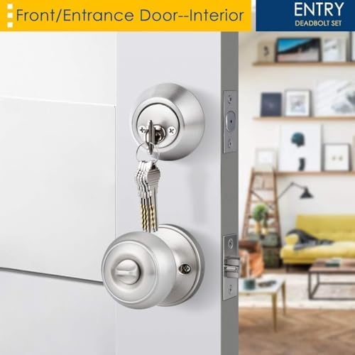 4 Pack Keyed Alike Entry Door Knob and Deadbolt Set, Satin Nickel Double Cylinder Deadbolt Lock Set, Round Style Door Knobs Deadbolt for Exterior/Front Door