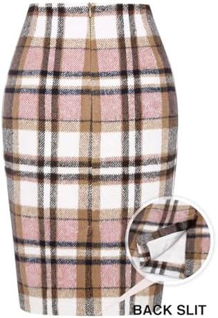 IDEALSANXUN Plaid Skirts for Women Fall Winter Knee Length Pencil Wool Skirt with Slit