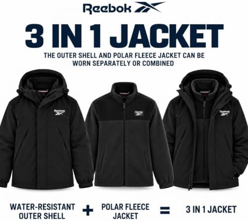 Reebok Mens 3-in-1 Softshell Systems Weather Resistant Midweight Jacket