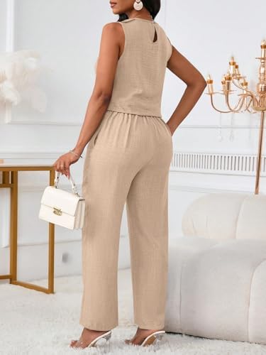 Floerns Women's 2 Piece Sets Dressy Outfits Bussiness casual Crew Neck Sleeveless Blouse and Elegant Pants Set