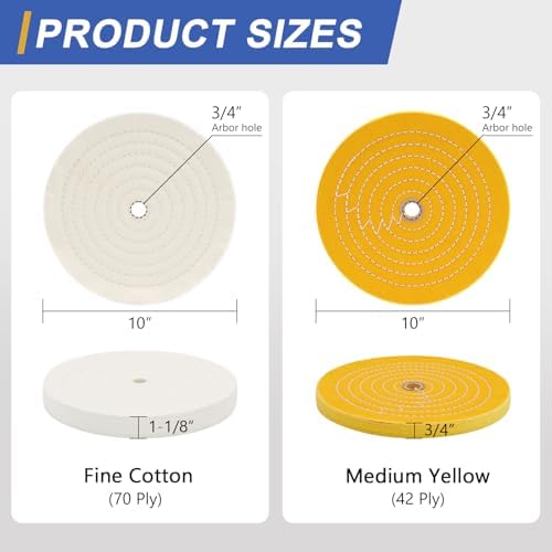 SCOTTCHEN 10 inch Buffing Polishing Wheel for Bench Grinder Buffing Wheel White (70 Ply) & Yellow (42 Ply) for Buffer Polisher with 3/4” Arbor Hole-2 PCS