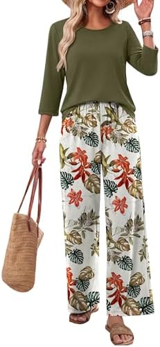 WIHOLL Two Piece Sets for Women Lounge 3/4 Length Sleeve Womens Tops Graphic Pants with Pockets Summer Outfits 2026