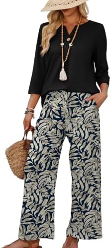 WIHOLL Two Piece Sets for Women 3/4 Length Sleeve Lounge Sets Summer Spring Vacation Travel Outfits Fashion Clothing