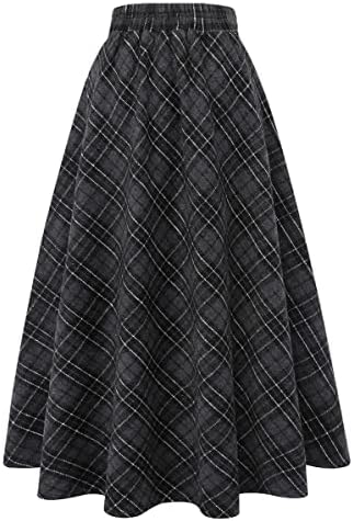 IDEALSANXUN Womens Plaid Wool Skirts Elastic Waist A-Line Pleated Tartan Long Skirts