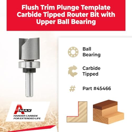 Amana Tool 45466 Carbide Tipped Flush Trim Plunge Template Router Bit 1 Inch Dia x 1 Inch x 3/8 Shank with Upper Ball Bearing