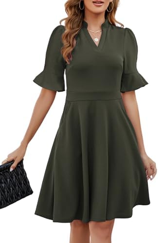 Mokayee Womens Summer V Neck Ruffle Short Sleeve Fit and Flare Knee Length Church Wedding Guest Dresses with Pockets