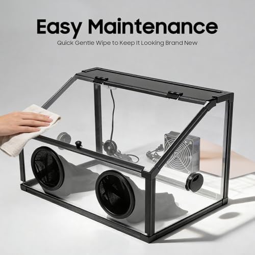 2 Holes Acrylic Dust Cover, Electric Grinding Table Polisher Dust Box with LED Light & Powerful Fan Fully Enclosed Grinding Table Polisher Dust Box for Electric Grinding